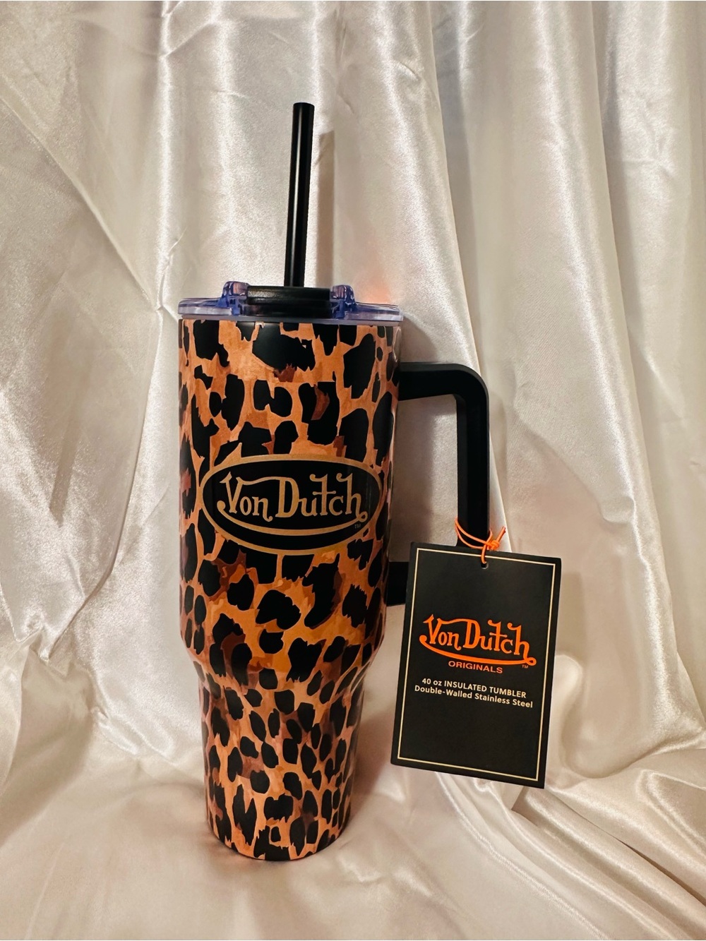 Von Dutch Brown and Black Leopard Insulated Steel Tumbler with Handle